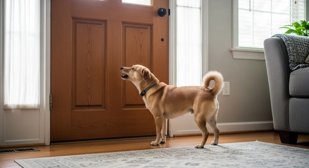 Small dog barking at front door in a home.