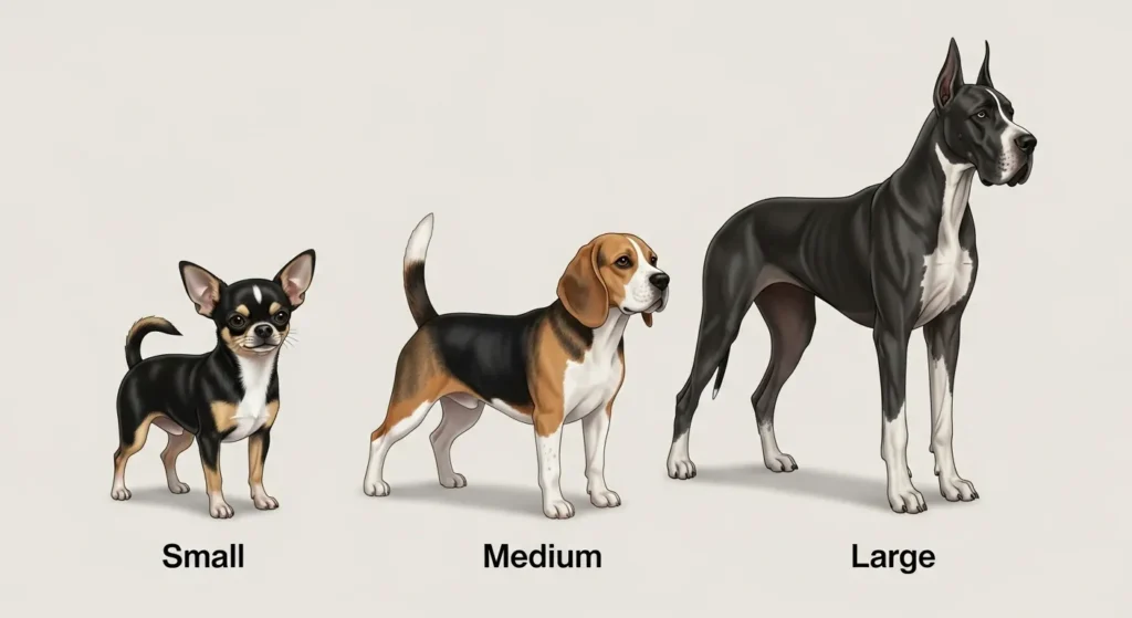 Side-by-side comparison of small, medium, and large dog breeds.