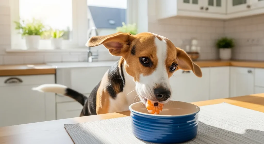 Small dog eating a piece of cooked shrimp