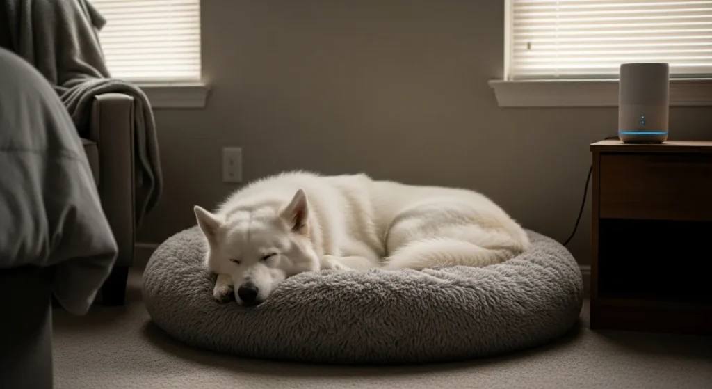 Dog lying on a bed in a quiet room with closed blinds