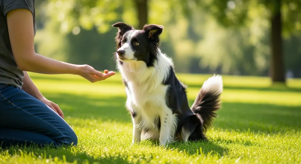 Owner giving a treat to a dog during training.