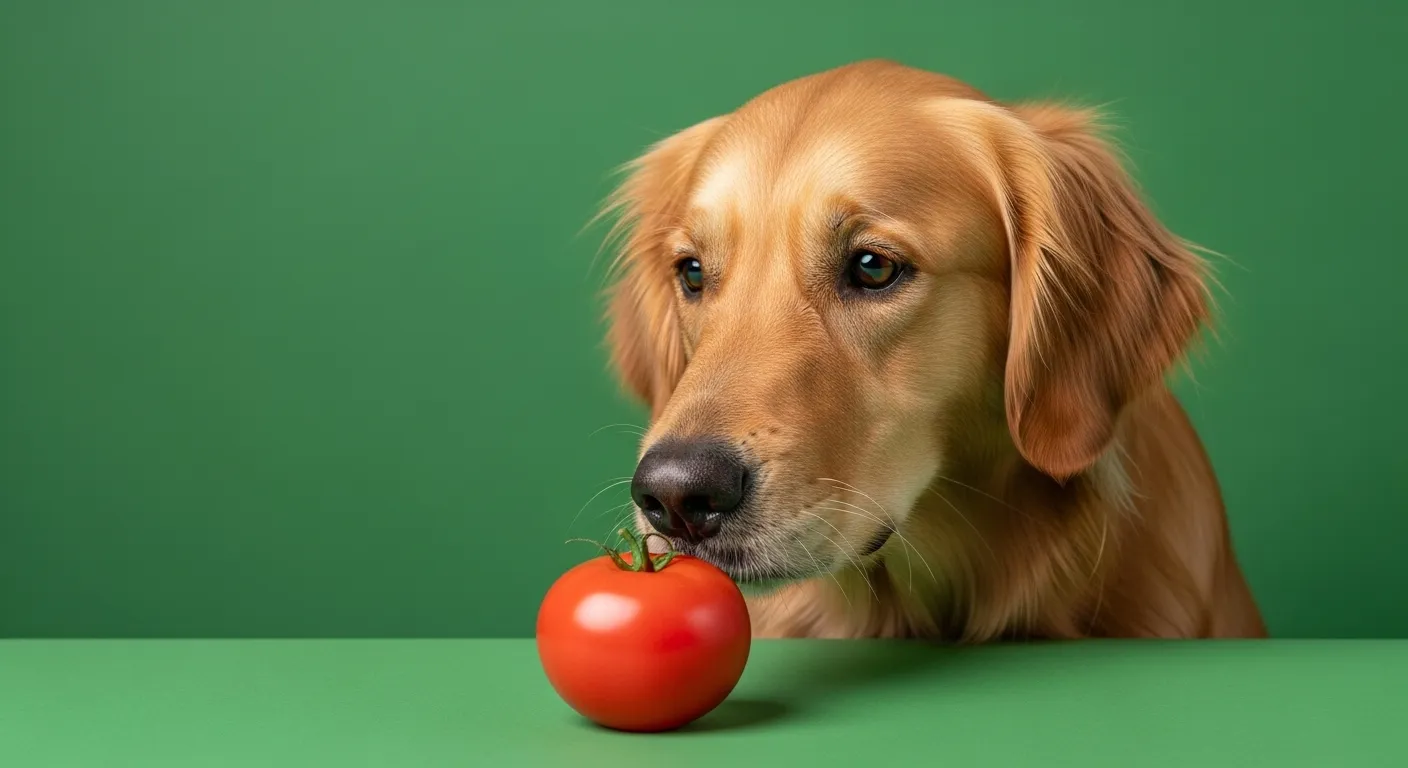 Golden retriever sniffing a ripe red tomato on a green background