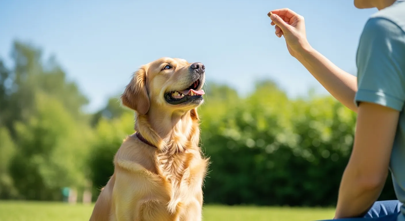 Owner training a dog to sit in a park for blog thumbnail.