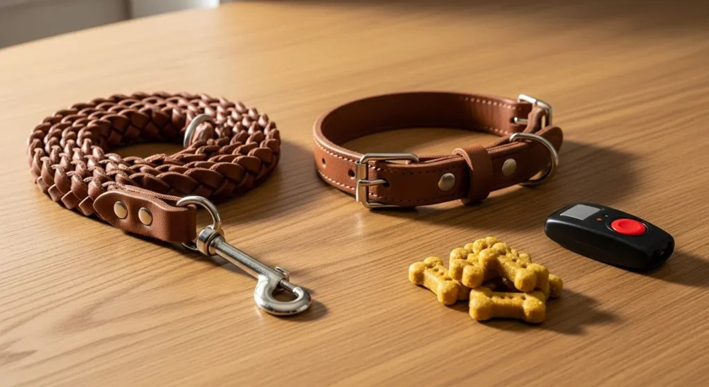 Leash, collar, treats, and clicker on a table.