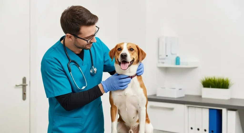 Veterinarian checking a dog’s health in a clinic.