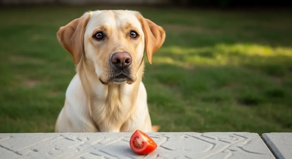 A dog looking at a small piece of red tomato on the ground.