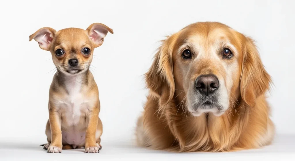 Chihuahua puppy and senior golden retriever side by side representing high-risk dog groups for essential oil exposure
