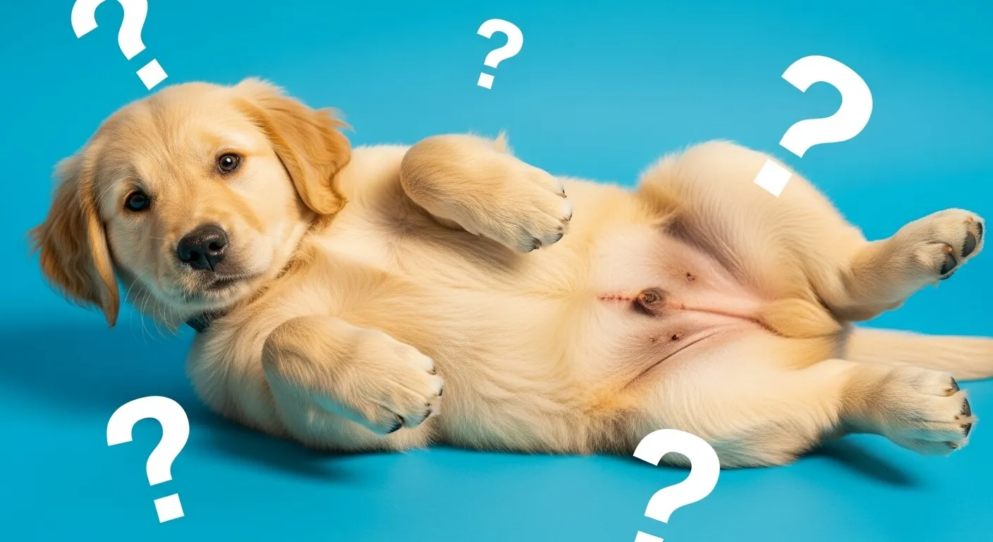 Cute dog showing belly button for blog thumbnail.