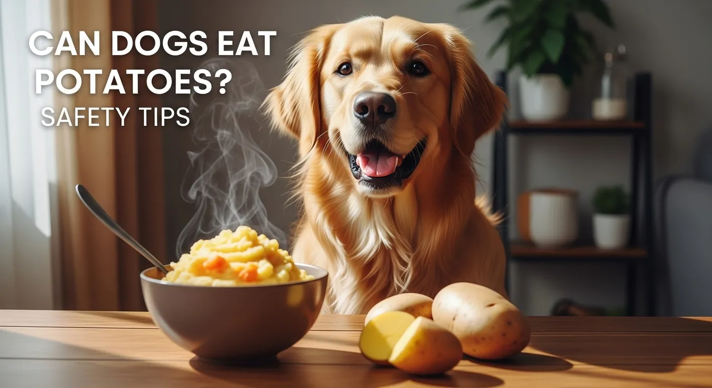 Golden Retriever with bowl of mashed potatoes for dog safety guide
