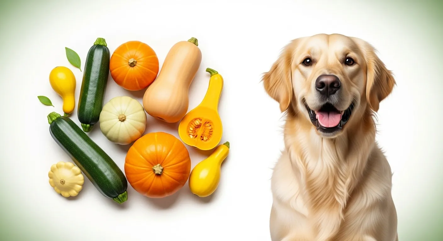 Cute dog next to zucchini and butternut squash.