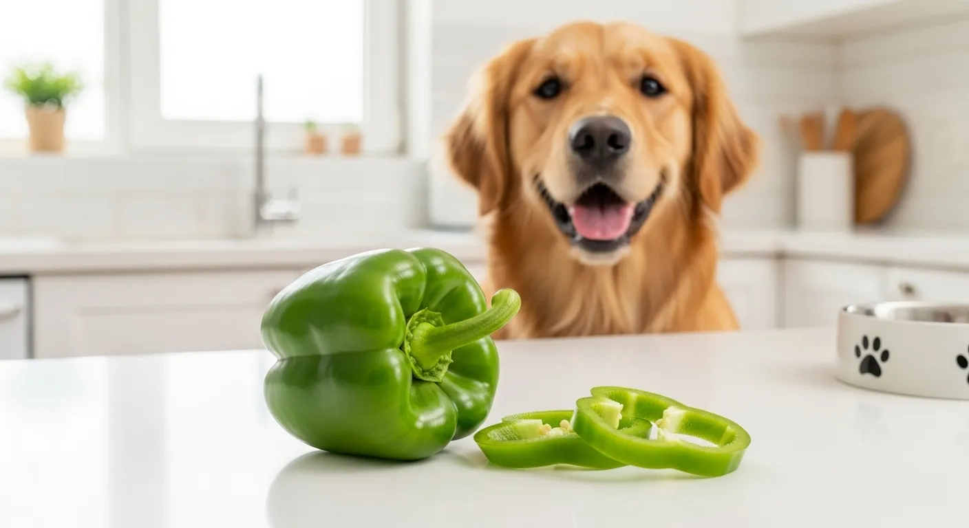 Cute dog with green bell peppers for pet food guide.