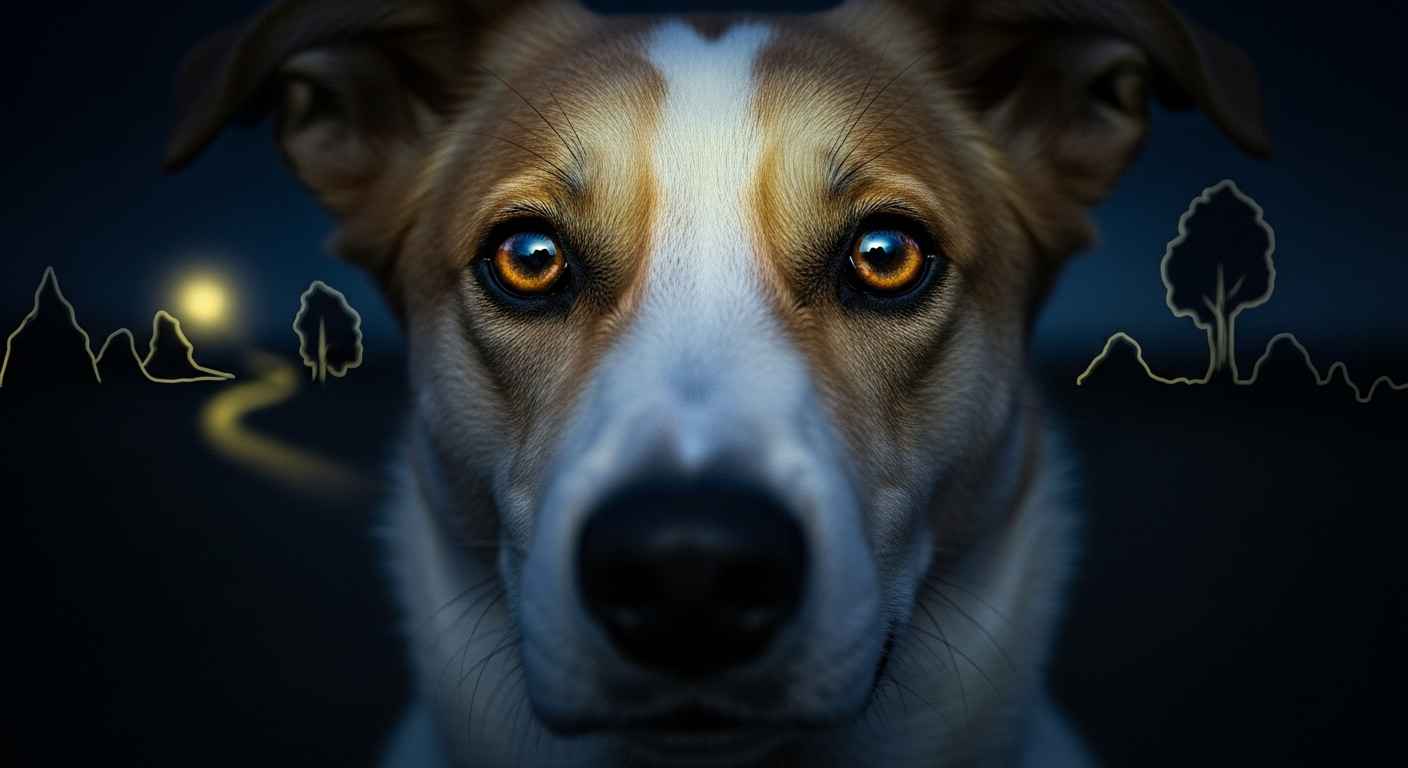 Curious dog showing night vision with glowing eyes.