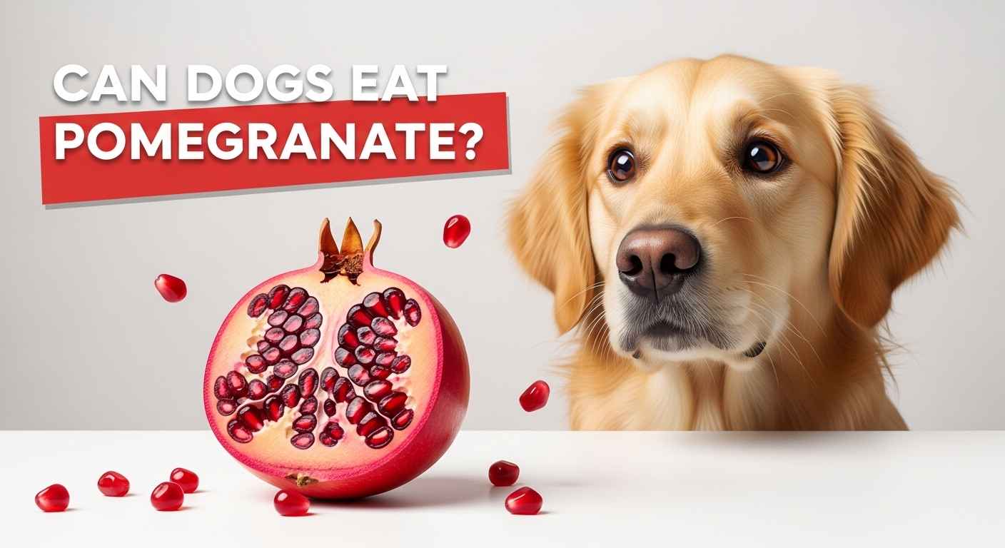 Thumbnail of dog with pomegranate questioning if it’s safe for pets.