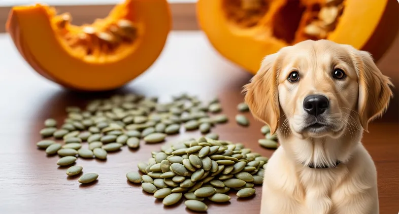 Golden retriever puppy next to pumpkin seeds on table.