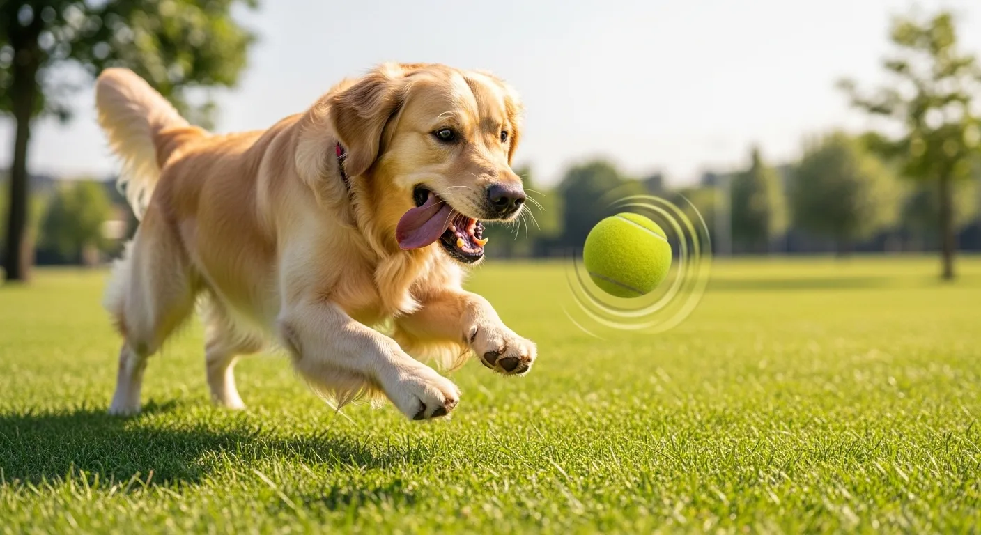Happy dog leaping after yellow tennis ball.