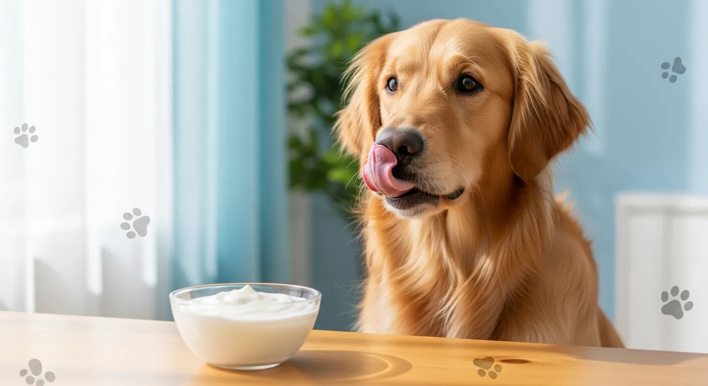 Cute dog next to plain yogurt bowl.