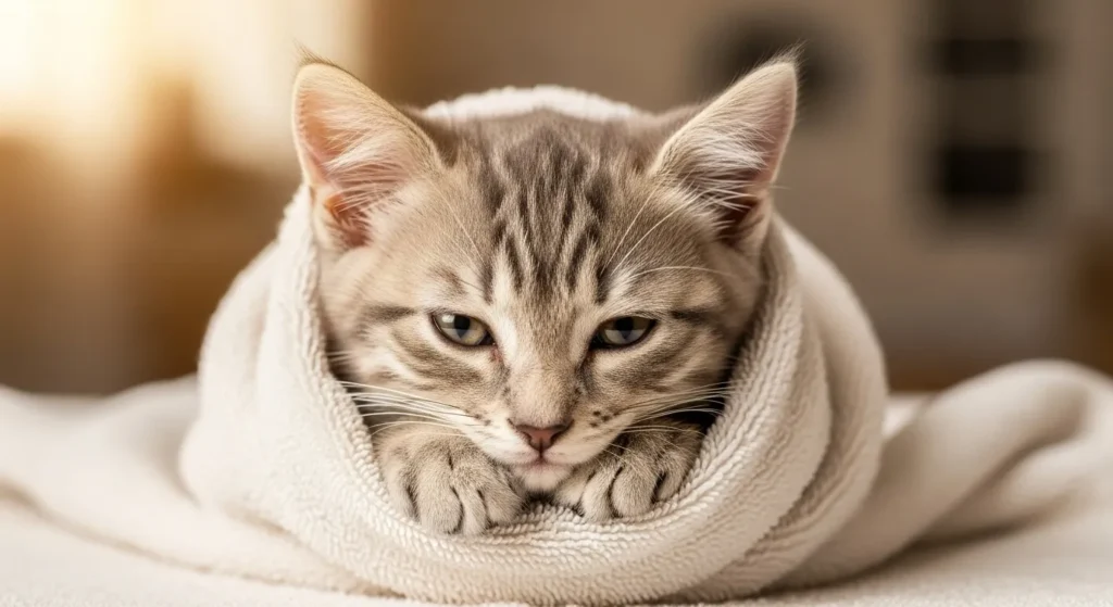 Kitten displaying early parvo symptoms like tiredness.