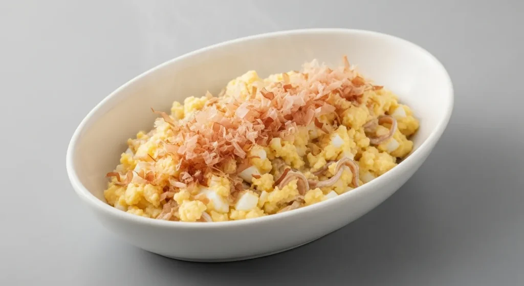 Mashed eggs and fish for cats.