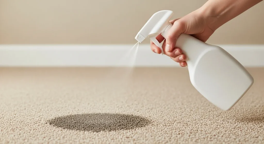 Hand spraying enzymatic cleaner on a carpet to remove dog urine smell.