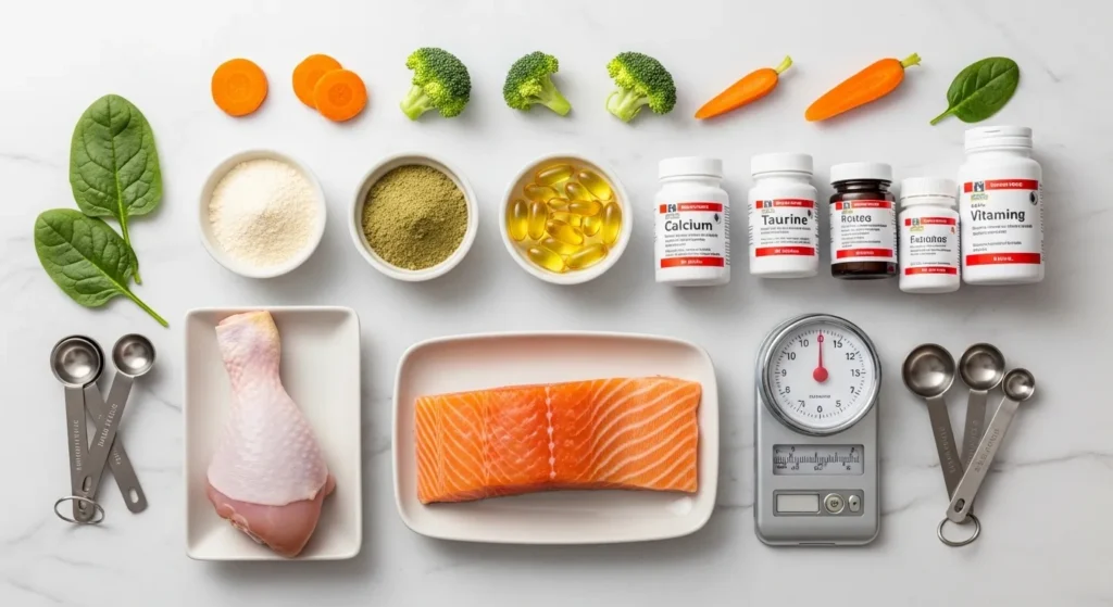 Essential ingredients and supplements for making balanced homemade high-protein cat food