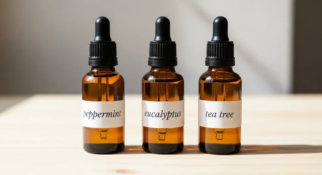 Small glass bottles of essential oils.