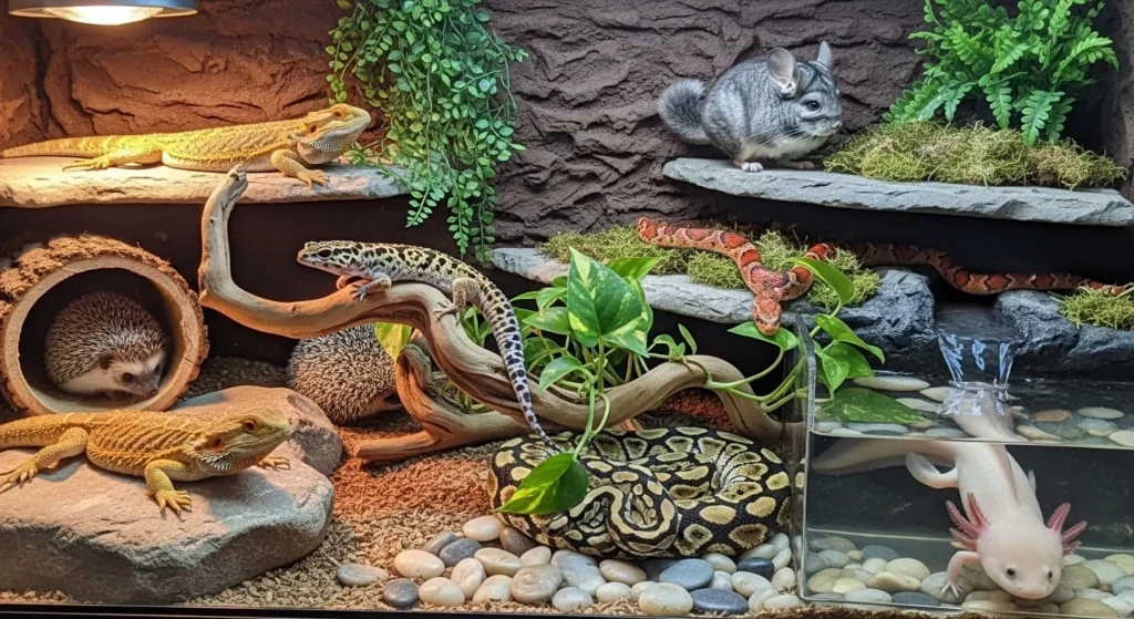 Collection of seven exotic animals in a habitat