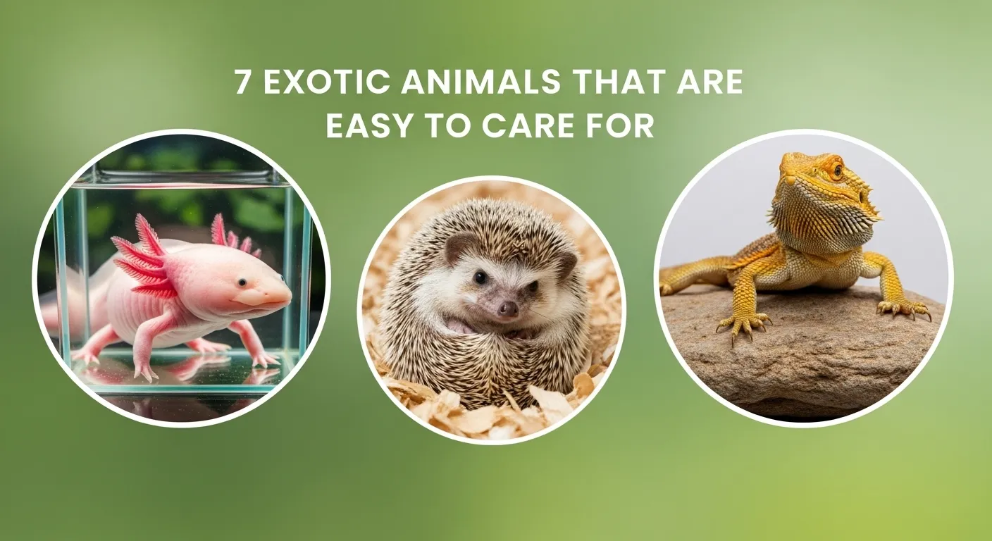Exotic pets like axolotl and hedgehog in a bright display.