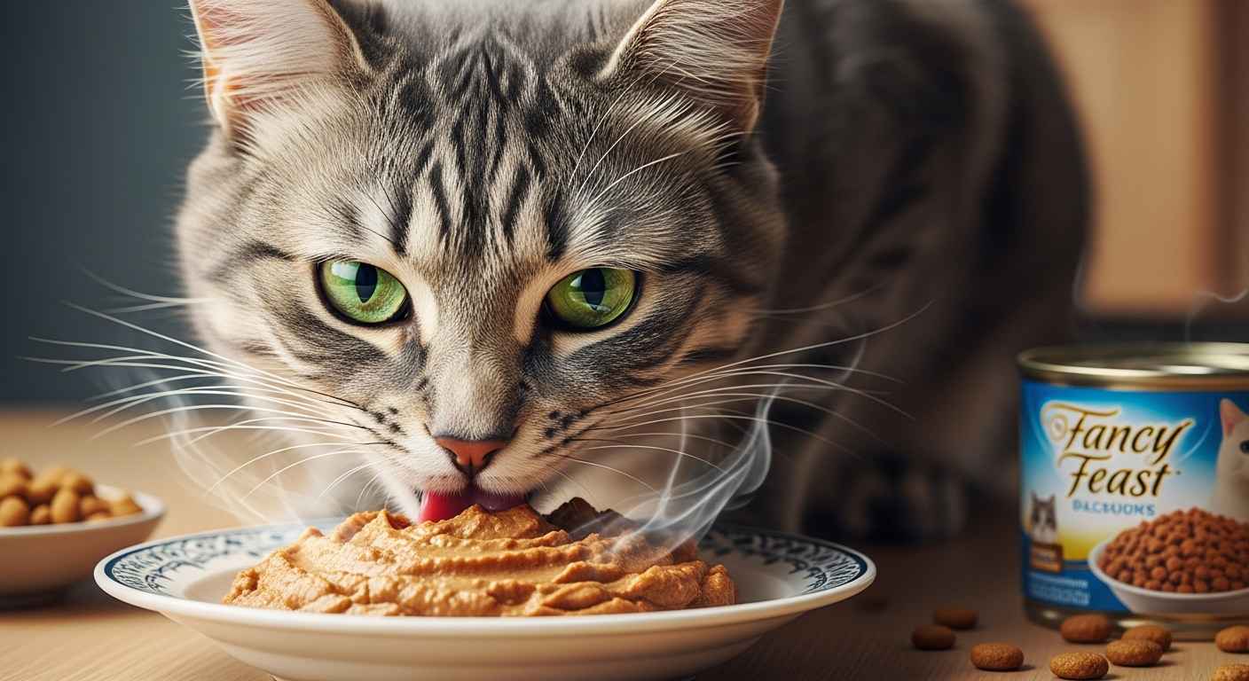 Happy cat eating Fancy Feast wet food.
