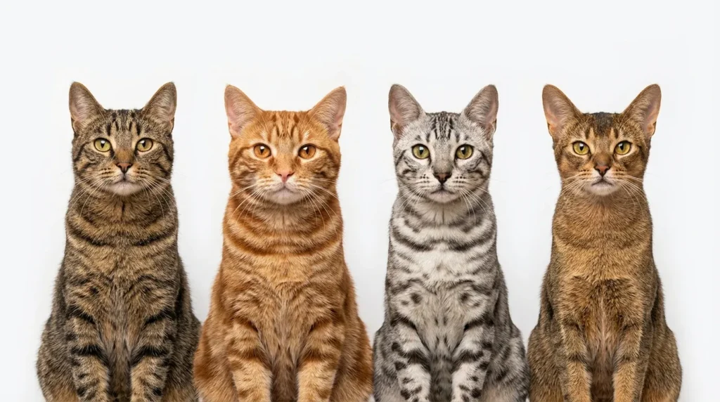 Four tabby cats showing different coat patterns — mackerel, classic, spotted, and ticked