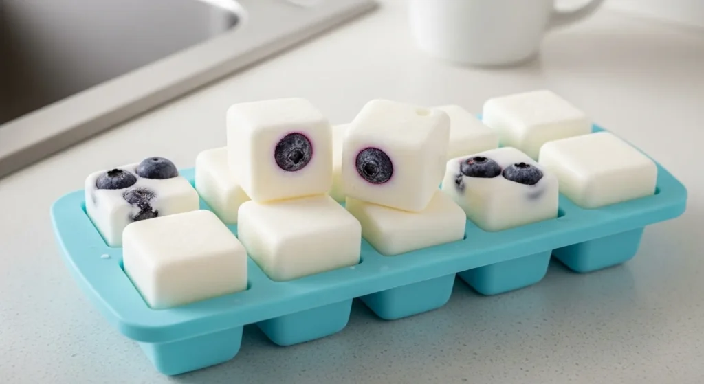 Frozen yogurt cubes in a tray.