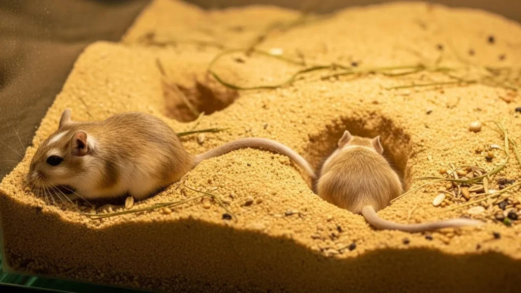 Pair of gerbils burrowing for small pet owners.