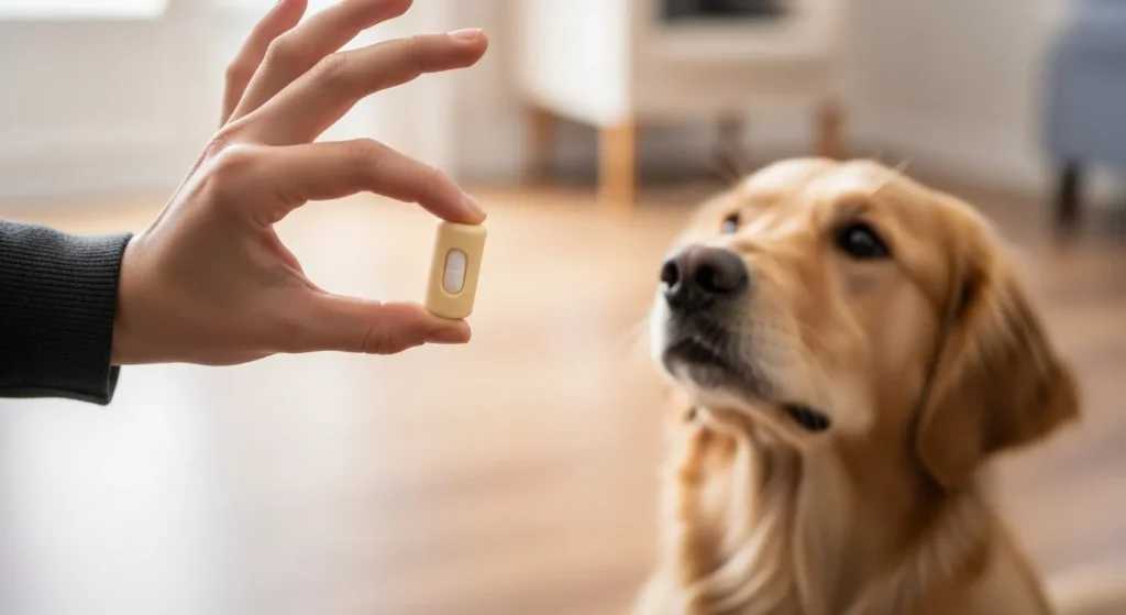 Hand offering a pill hidden in treat to a sitting dog.