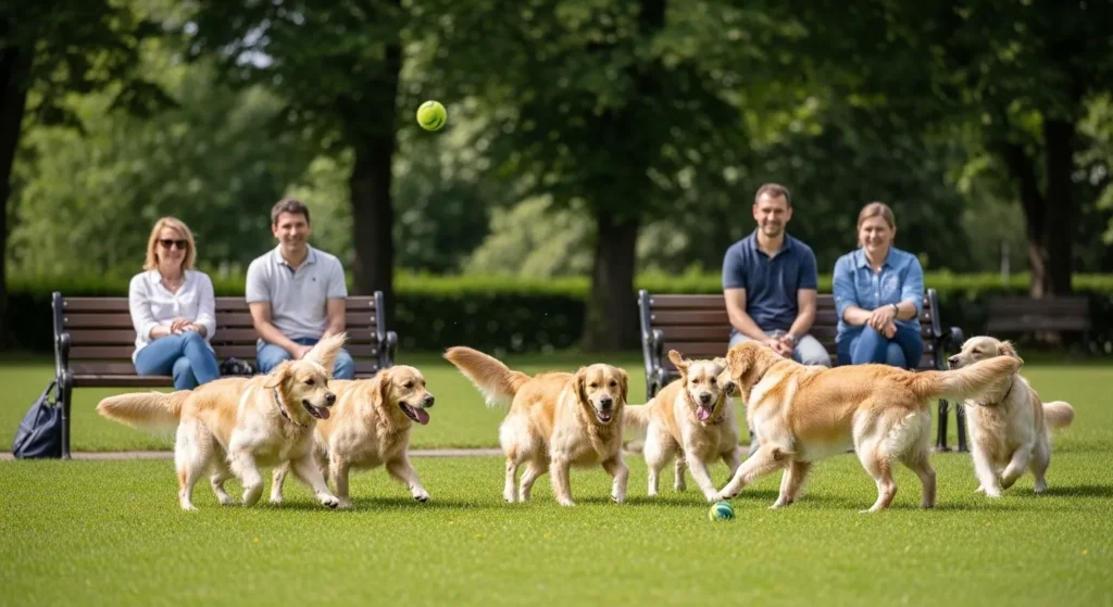 Group of Golden Retrievers with owners at an event.