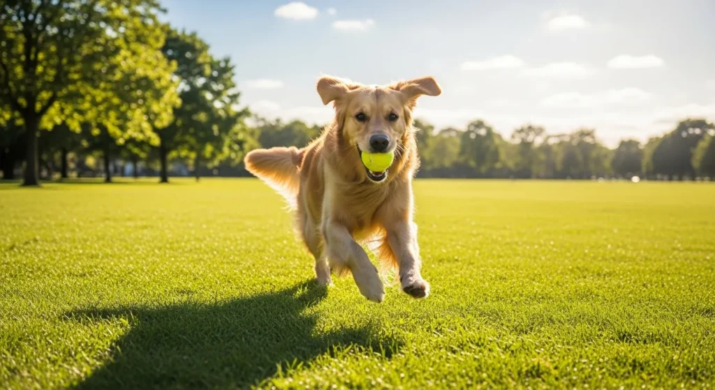 Golden Retriever running with a ball in its mouth.