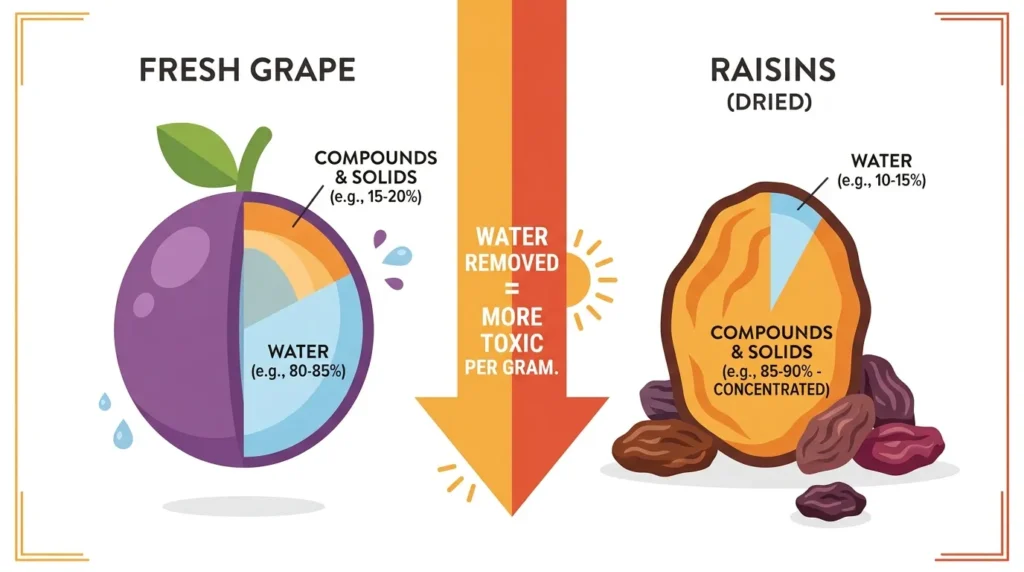 Infographic comparing grape versus raisin toxicity for cats