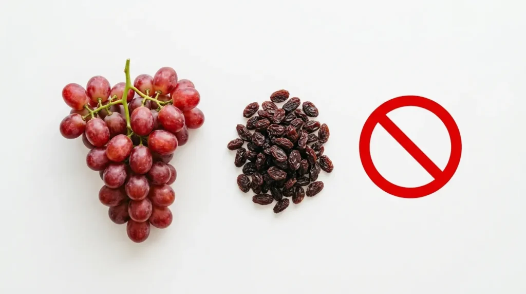 Red grapes and raisins with a no symbol indicating they are toxic to cats