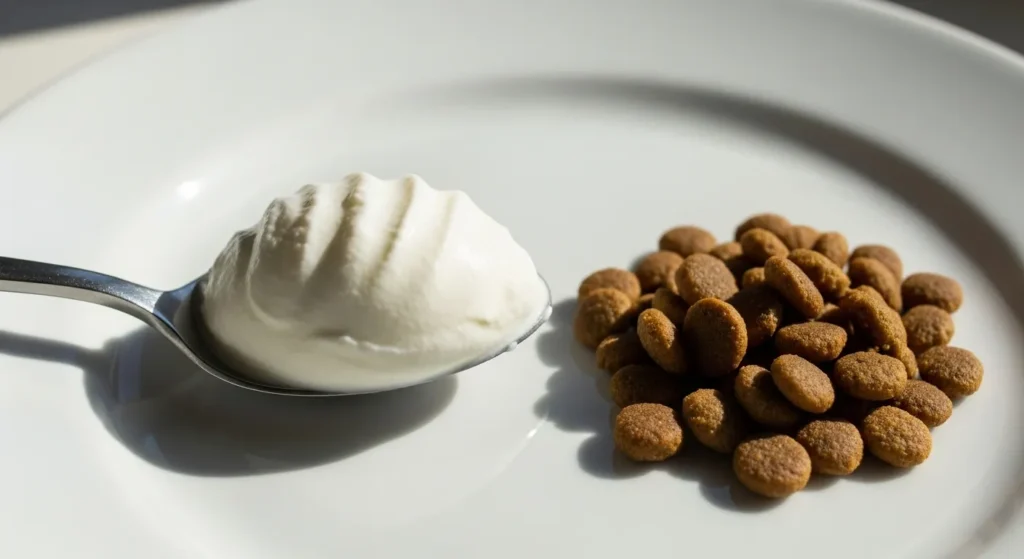 Spoon of Greek yogurt near cat food