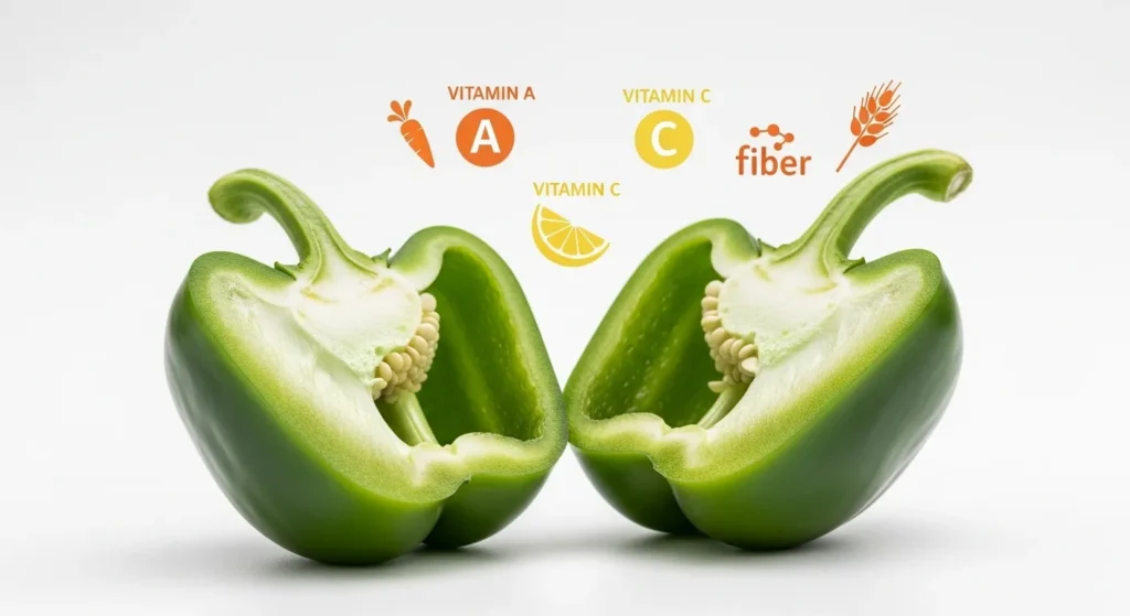 Green bell pepper with vitamin icons for dog health.