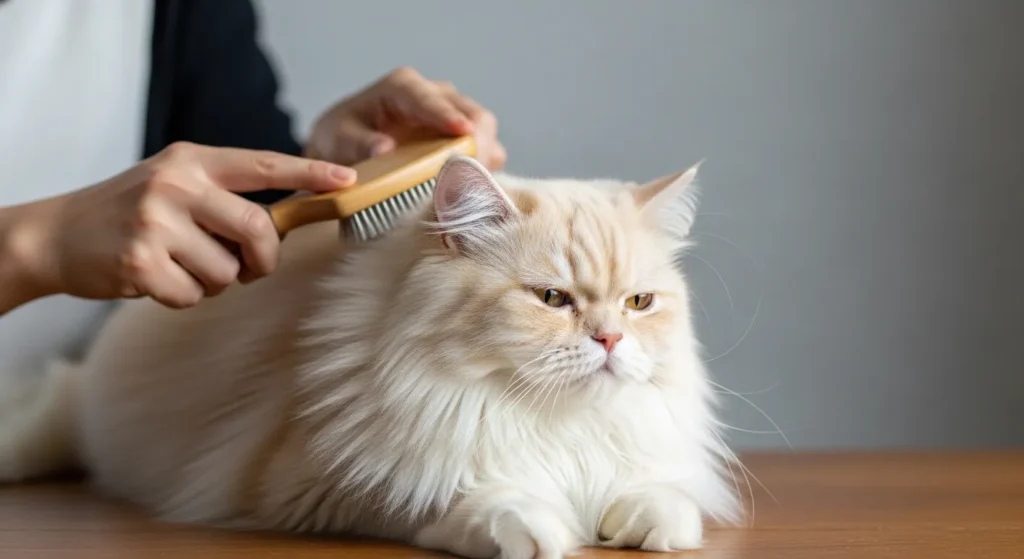Person brushing a Persian cat's fur