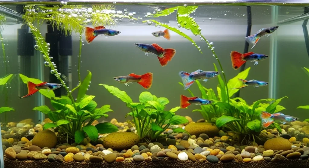 Group of guppies swimming together.