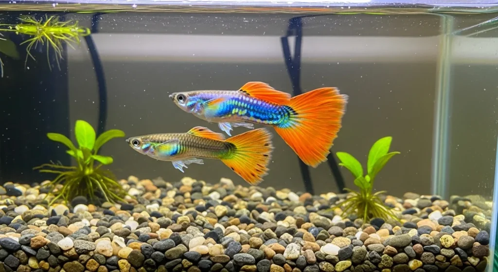 Pair of guppies in a community beginner aquarium