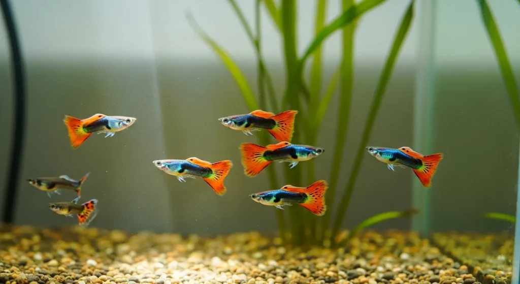 Group of colorful guppies in a community tank
