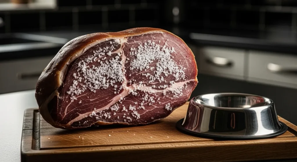 Cured ham with salt crystals next to a dog food bowl illustrating sodium risk