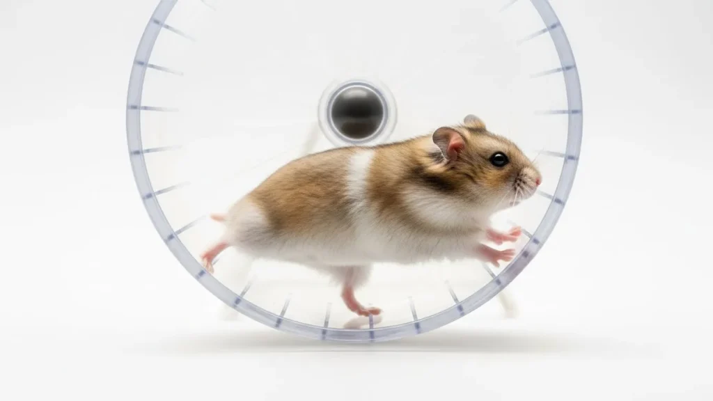 Small hamster in exercise wheel for home pets.