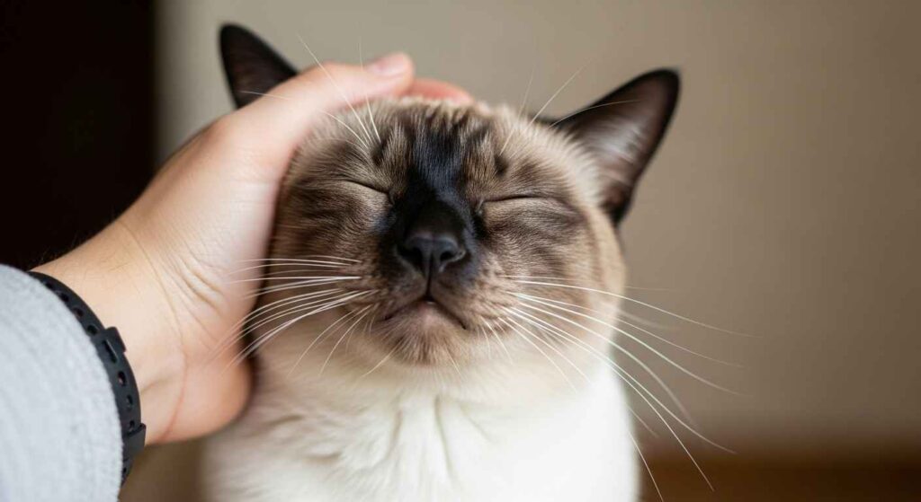 Content cat purring while being petted.