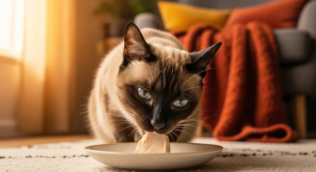 Cat eating chicken treat