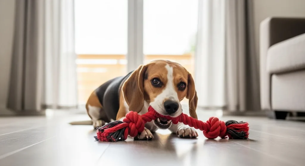 Content dog chewing toy indoors.