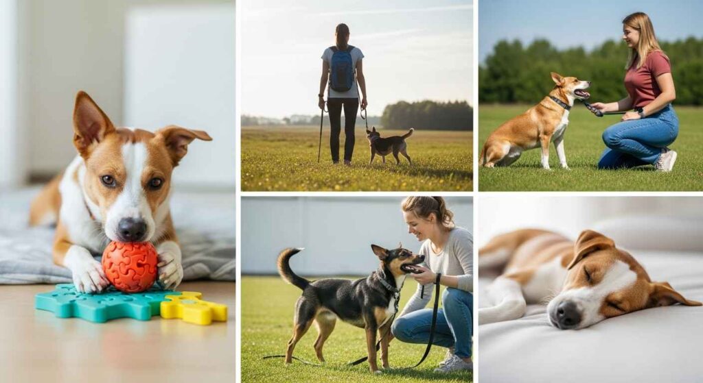 Happy dog engaged in healthy activities like playing with puzzle toys