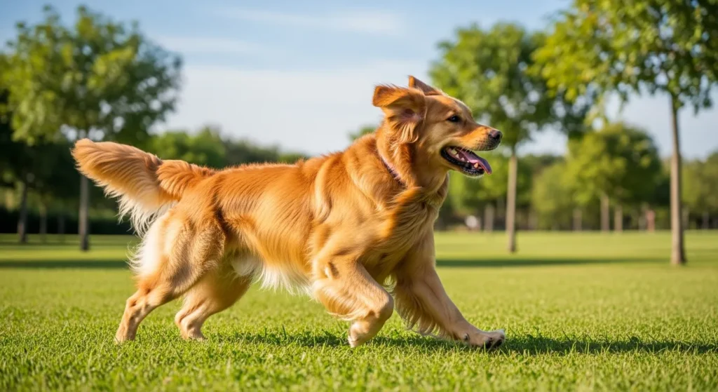 Golden Retriever with a wagging tail running in a grassy park.