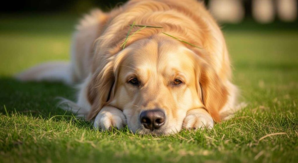 Happy, tired dog resting peacefully after exercise